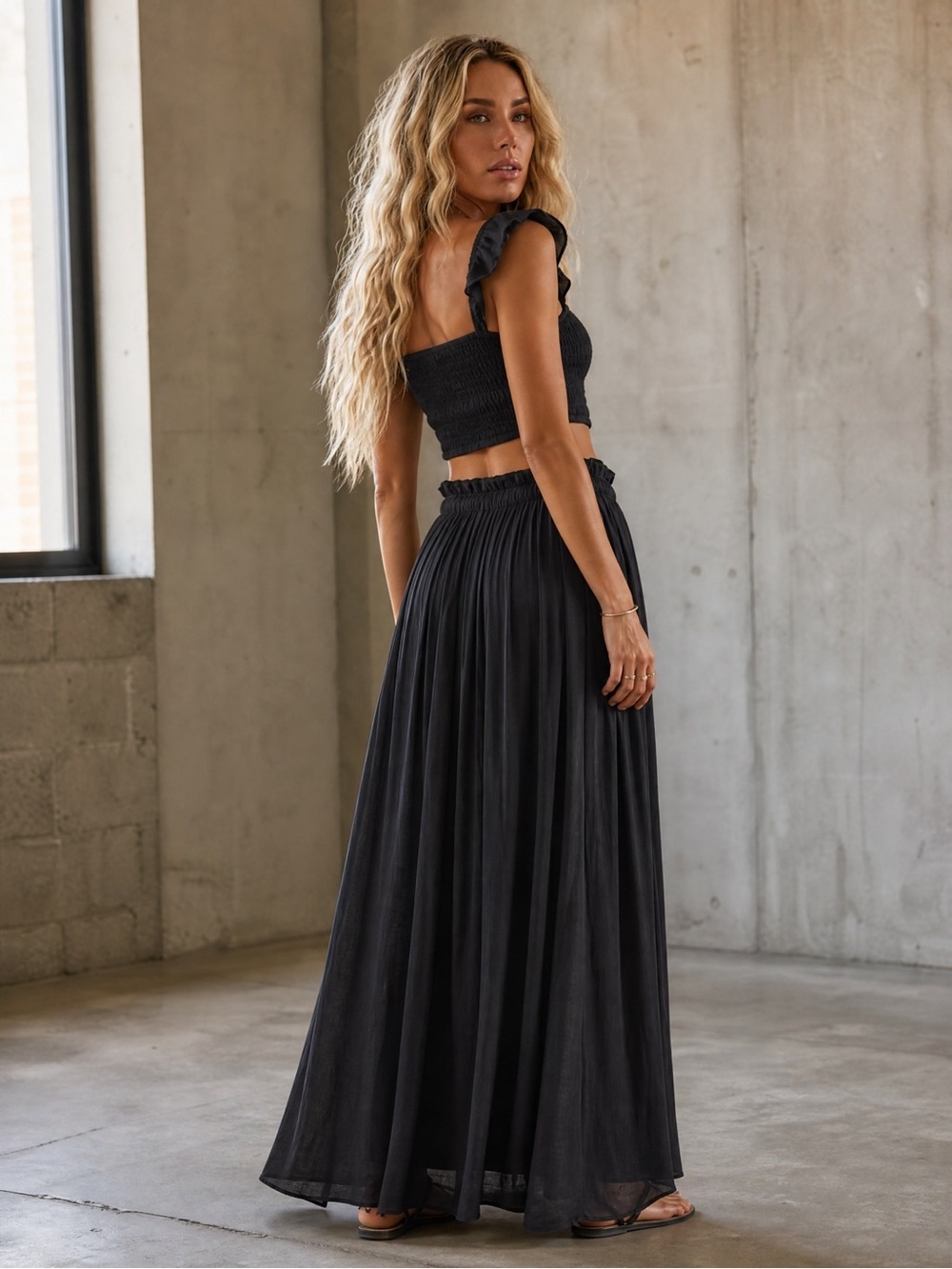 NWT 2 Piece Smocked Crop Top Tank & Button Maxi Skirt Set Black - Picture 3 of 6